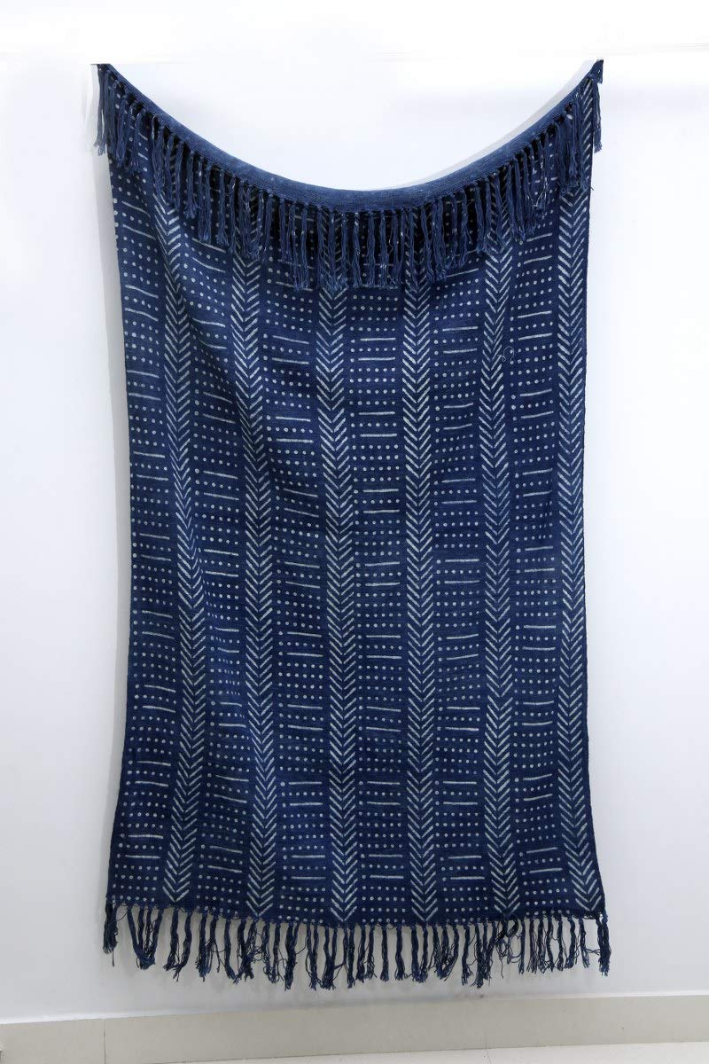 Trade Star Handloomed Ethnic Indigo Mudcloth Throw Pure Cotton Throw Blanket Hand Block Print Blanket with Tassels Indian Blanket for Home Decor (Pattern 9) - Image 5